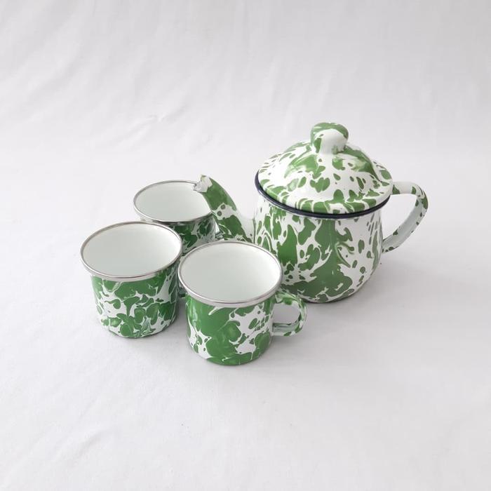SET TEKO CEBOL + 3 MUG CANGKIR LURIK 6CM ENAMEL SENG GELAS JADUL