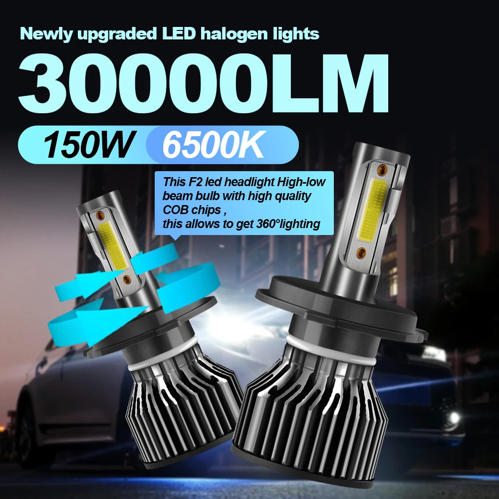 Roadsun 150W LED Headlight 30000LM 9005 9006 H1 H7 H11 High Beam Low Beam 9007 H4 Fog Lamp 6000K