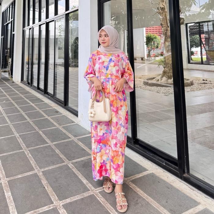 TERLARIS PEVITA DRESS DASTER TEROMPET RAYON KEKINIAN MIDI LENGAN 3/4 ADEM BUSUI MUSLIM NYAMAN SANTAI