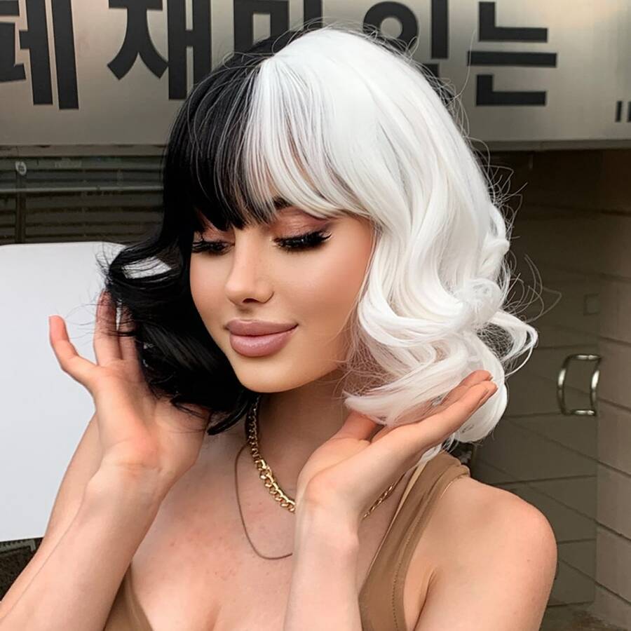 Cruella Black And White Color Wave Mid-Length Hair 12 Inch With Bangs For Cosplay Hollween Party