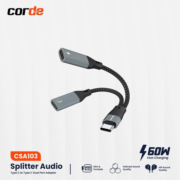 Corde Type C Audio Splitter & 60W Charger: Dual Type C Splitter Csa103