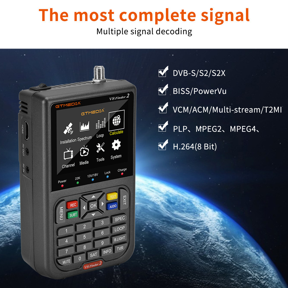 GTMEDIA V8 Finder2 Satellite Finder Digital FTA DVB-S/ S2/ S2X Signal Detector Receiver LCD Screen