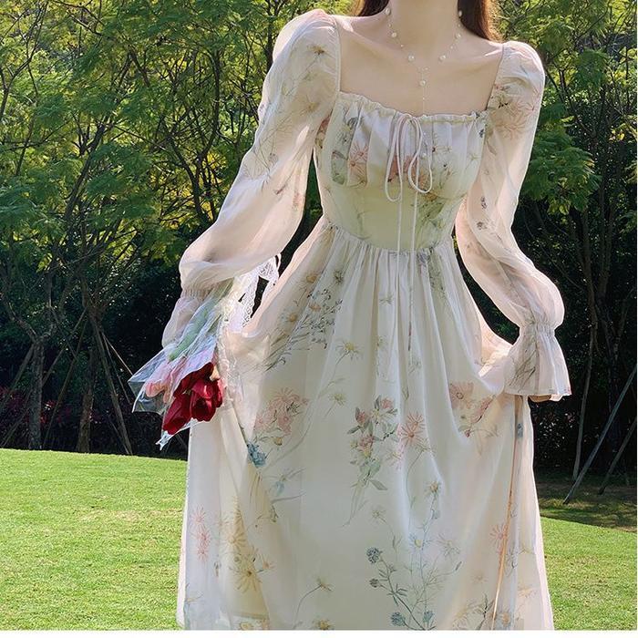 TERLARIS 25OCLOCK - Dress Floral Casual Sifon Lengan Panjang Wanita / Dress Bunga Fairy Picnik Maxi