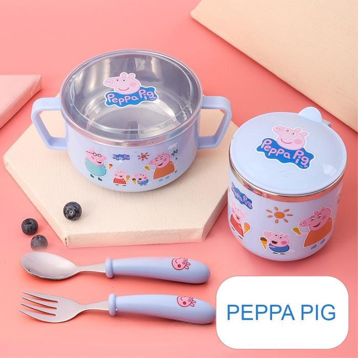 SET MAKAN MINUM MUG STAINLESS PEPPA PIG HELLO KITTY DORAEMON PREMIUM