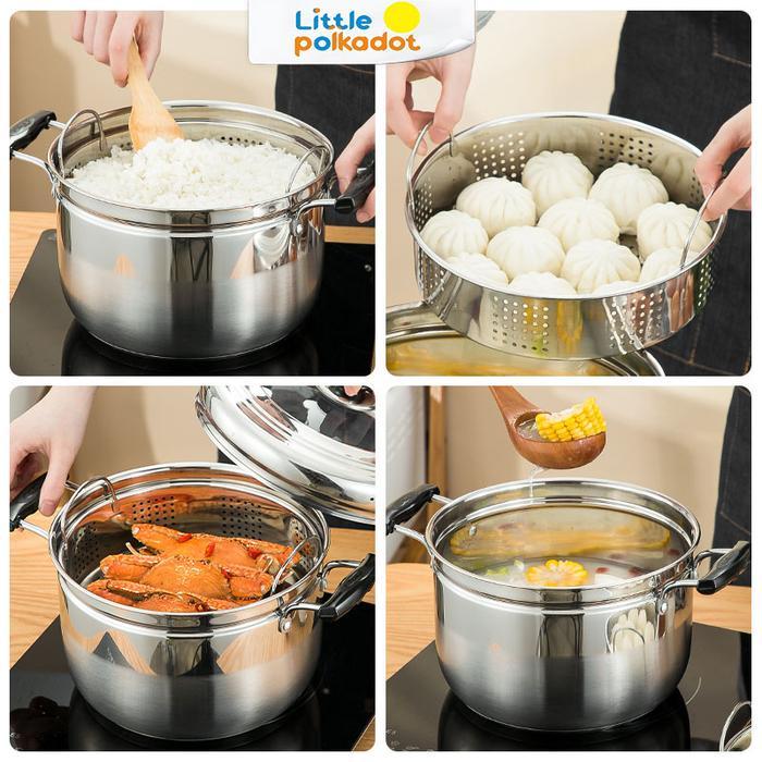 Panci kukusan tutup kaca ukuran besar Panci Kukus 2 Susun Panci Kukus Stainless Steel Dandang Panci