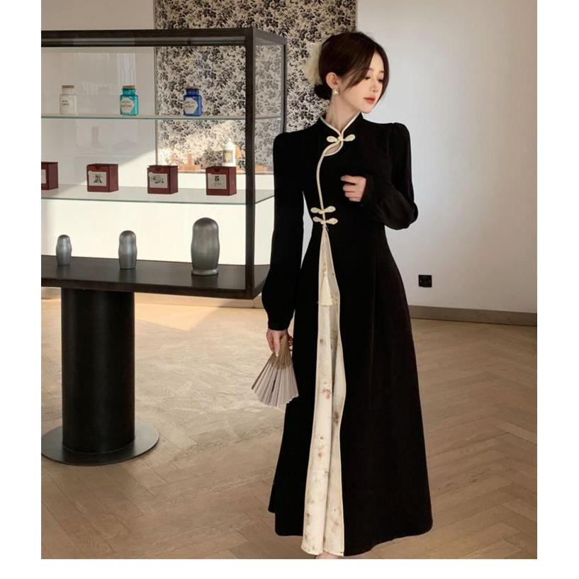 Dress Qipao Gaya Oriental Korea Vintage Retro Klasik Dress Panjang Cheongsam
