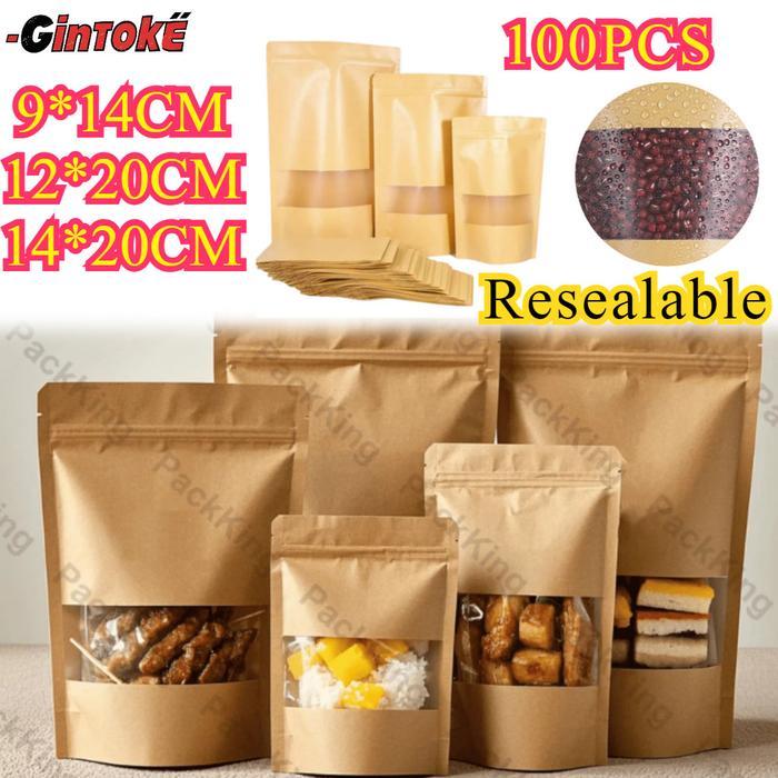 100PCS Standing Pouch Kraft Paper Ziplock/Standing Pouch Kraft Paper Window Warna Coklat/Resealable