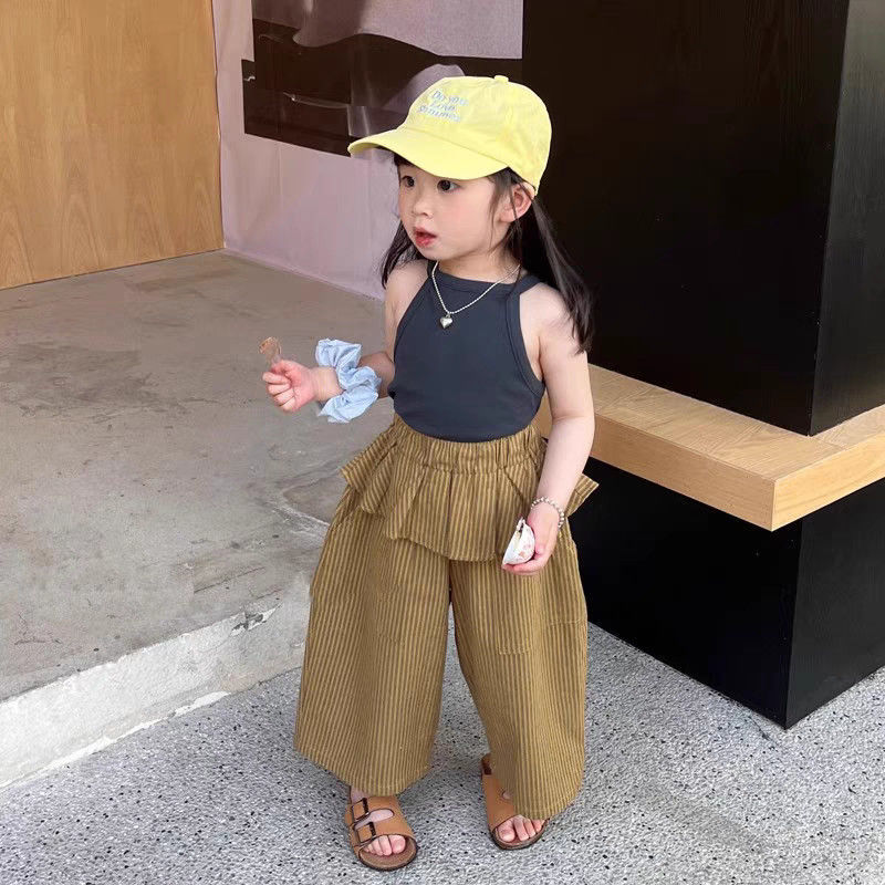 Girls Suit 2025 Summer New Childrens Clothing Korean Girl Baby Fashion Pure Cotton Vest Stripe Fart