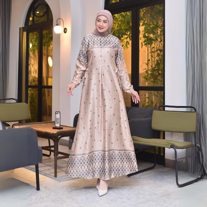 Dress Bela Gamis Mewah Motif Printing Bunsui Freandly Silk Premium Dress Pesta Jumbo Lengan Wudhu