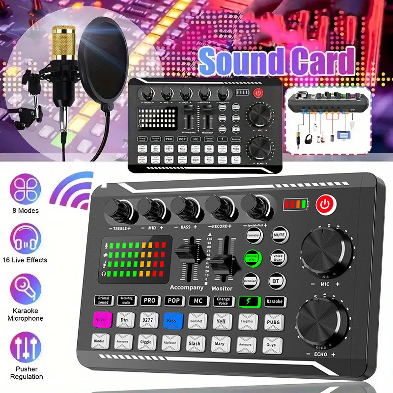 F998 Sound Card Microphone Mixer Kit 16 Sound Effects Audio Recording Sound Mixer Audio Mixing