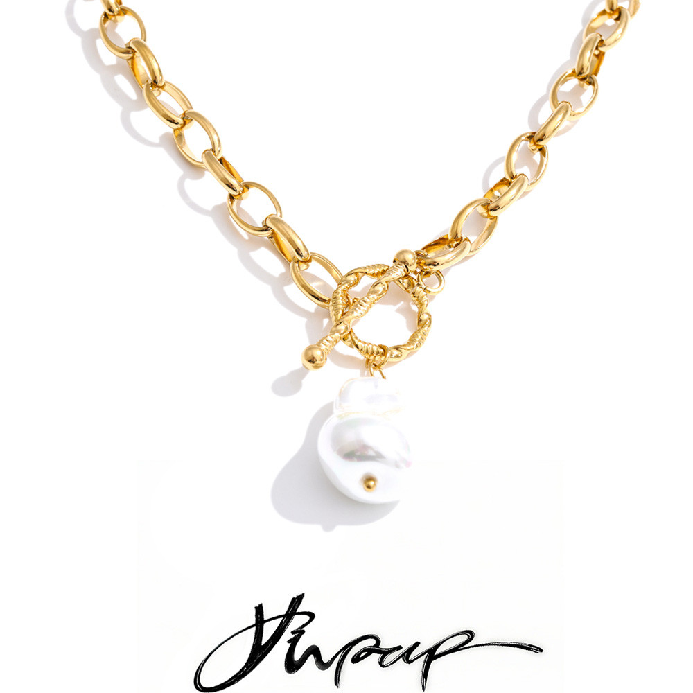 Yhpup Stainless Steel Baroque Imitation Pearls Pendant Necklace Bracelet Bangle Toggle-Clasps