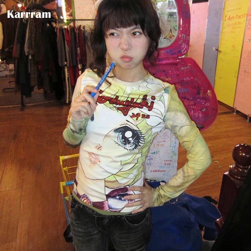Karrram Japanese Y2K Anime Print T-Shirt 2000S Aesthetics Long Sleeve Tee Shirt Vintage Harajuku