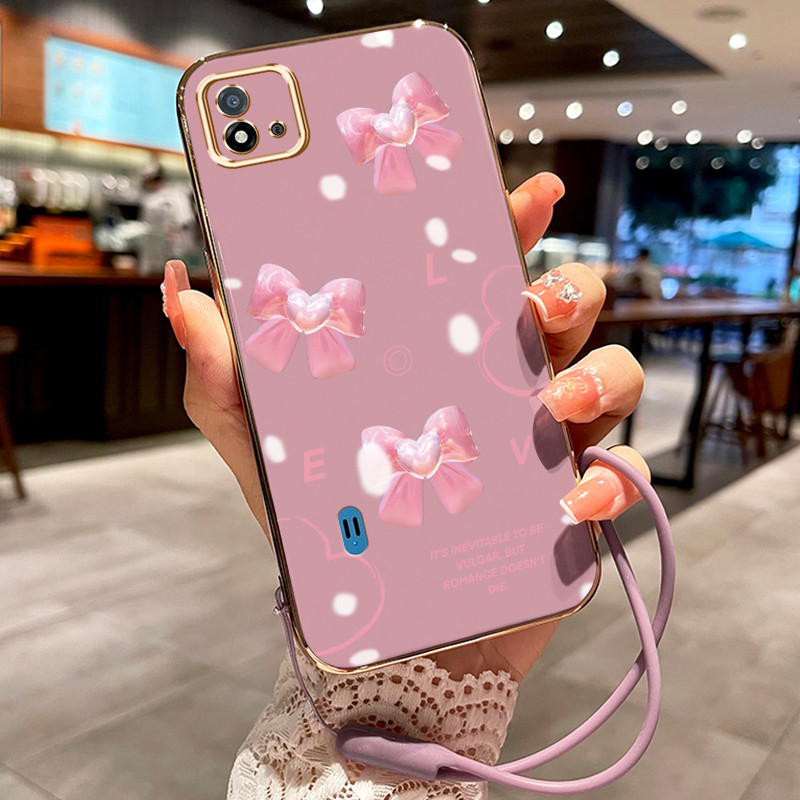 Casing Hp Untuk Realme C20 C20A C11 2021 C11 2020 Case Bow Pink pelapisan elektro Cesing silikon Kas