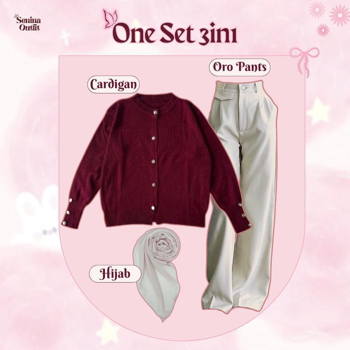 One Set Premium Hijab Style 3 In 1 ( Atasan Cardigan Rajut Wanita + Celana Oro Pants Panjang +