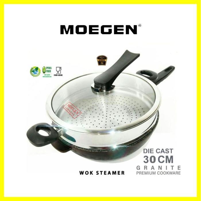 Moegen Germany Wok Pan Moegen Panci Wajan Moegen Steamer 30Cm Marble Coating Wajan Dengan Kukusan /