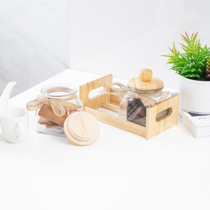 set toples kaca tutup kayu stoples kue