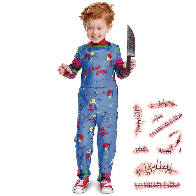 Movie Horror Chucky Halloween Girl Costume, Child Play Toddler Chucky Costume Gift With Scar Tattoo