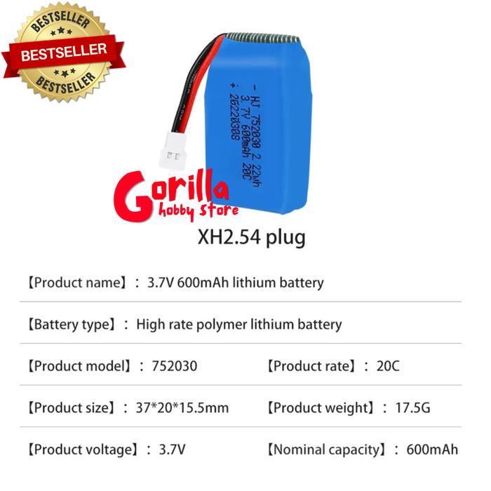 BATERAI LIPO DRONE JJRC X9 1S 3.7V 600MAH DUAL SOKET XH2.54 DAN JST BATERAI RC PLANE 752030 REMOTE