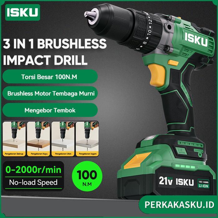 TERLARIS Isku 3 In 1 Brushless Impact Cordless Drill Lithium 21v 100N.M Torsi Besar Untuk Bor Beton