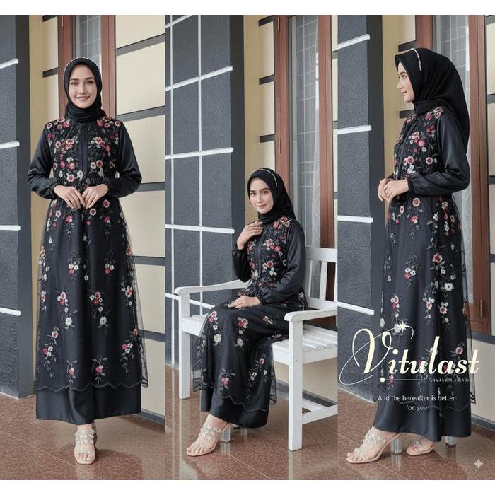 Vitulast Gaun Pesta Wanita Brukat Tile 3D Abaya Satin Terbaru Mewah Motif