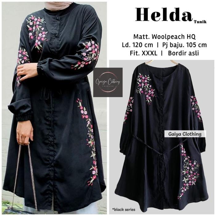 Ini Murah Helda - Tunik Jumbo Bordir Ld. 120 Muslim Panjang Hitam Putih Kemeja Wanita