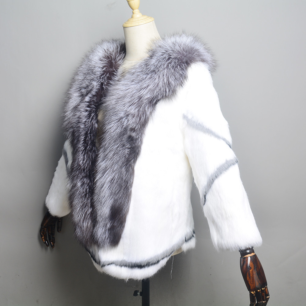 REAL NATURAL WOMEN'S RABBIT FUR COAT FOX FUR COLLAR LARGE SIZE RABBIT SKIN WOMEN WINTER COATS BLACK