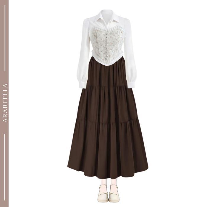 SETELAN WANITA BRIGITA VINTAGE / ROK SUSUN RUFFLE PANJANG / KEMEJA BLOUSE PUFF KATUN / VEST TANKTOP