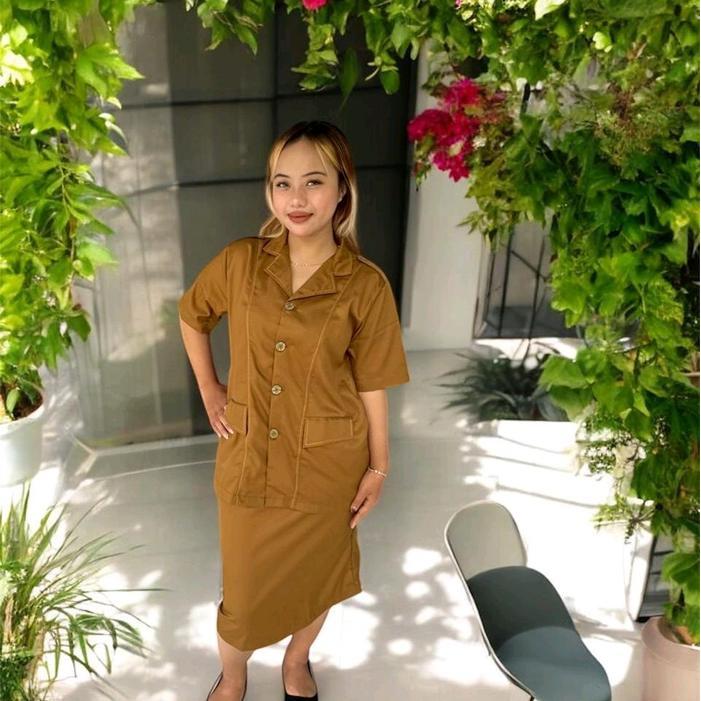 ORIGINAL seragam kerja tangan pendek pns pd wanita keki semi jas lengan pendek rok pendek Blazer