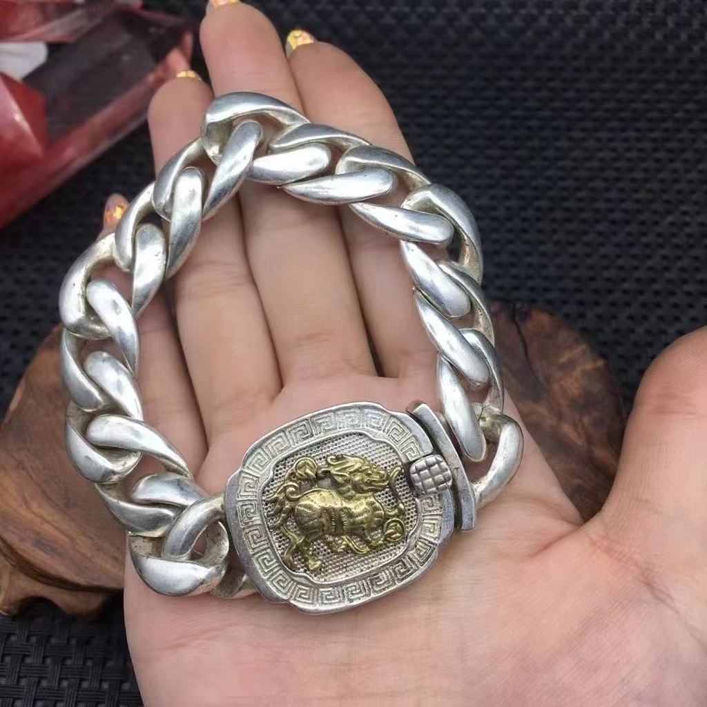 Retro old silver Nepal Tibetan silver hollow Pixiu double-row bracelet men's domineering fashion