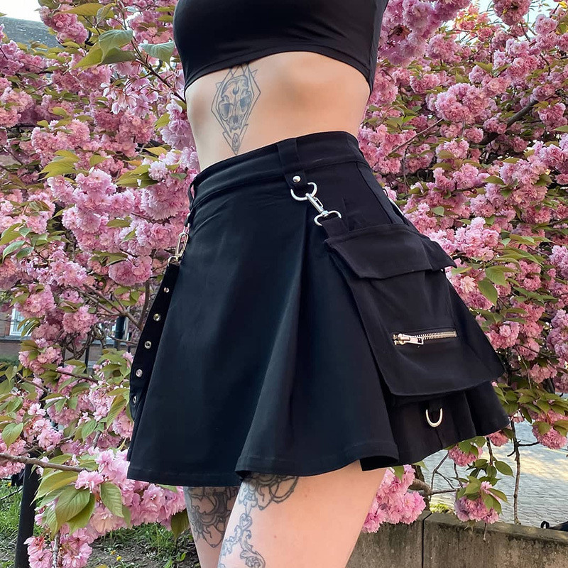 Black Skirt Harajuku Punk Gothic Black High Waist Black Women Sexy Patchwork Bandage Mini Skirt