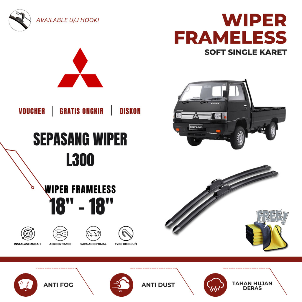 Wiper Mitsubishi L300 Frameless Kaca Depan Mobil Free Lap Microfiber