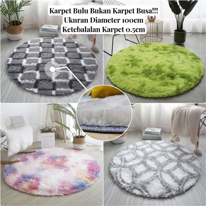 New - Karpet Bulu Bulat Motif & Ombre Diamater 100Cm/Karpet Bulu Lantai Bulat Ambal Busa