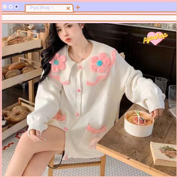 cnm PYOSHOP - Cardigan Oversize Korea Flower Pastel Cute Lengan Panjang Wanita Knitwear