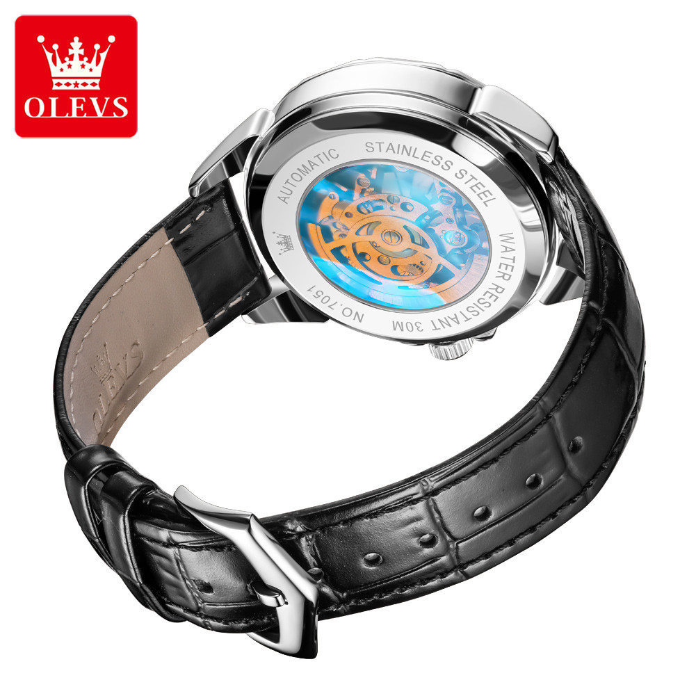 OLEVS 7051 ORIGINAL BRAND MEN'S WATCH CASUAL LEATHER STRAP WATERPROOF AUTOMATIC MECHANICAL WATCH