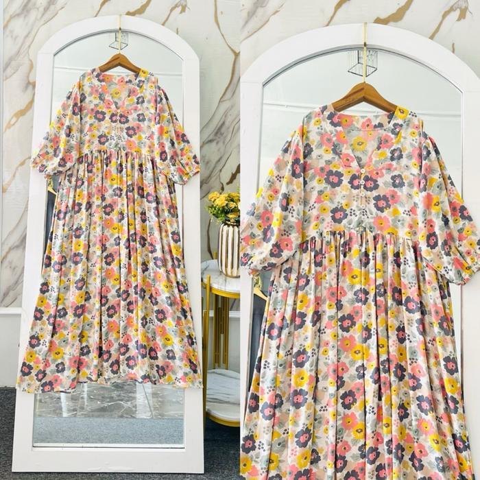 Midi Yulia Dress Rayon Premium Wanita Busui Casual Dress Motif Bunga Lembut Nyaman Best Seller
