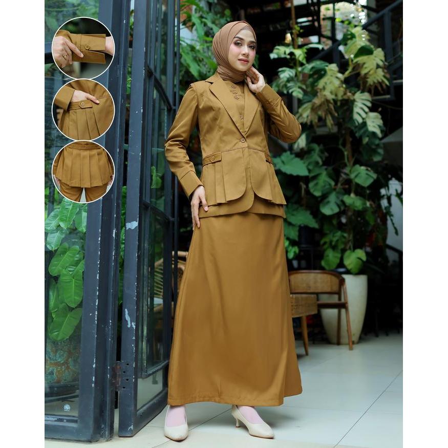Baju Kerja Dinas Seragam Pemda Krah Rompi Rempel Susun Khaki Tua Wanita Setelan Rok