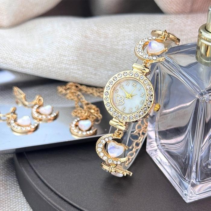 4PCS Jam Tangan Kuarsa Wanita Berlian Dial Kecil Tali Baja Cinta Set Perhiasan Gratis Jam Tangan