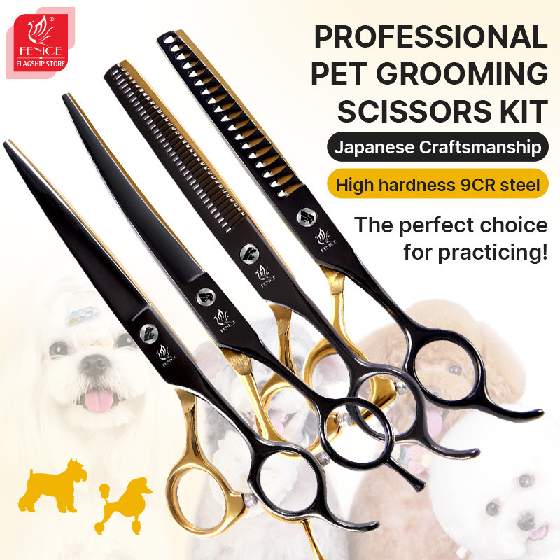 Fenice 6.5/7.0 Inch Stainless Steel Black Gold Pet Grooming Scissors Set Household Small Dog