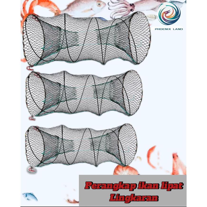 Phoenix Land Bubu Perangkap Ikan Udang Kepiting Lipat Bentuk Lingkaran Jaring Nilon Ikan Udang