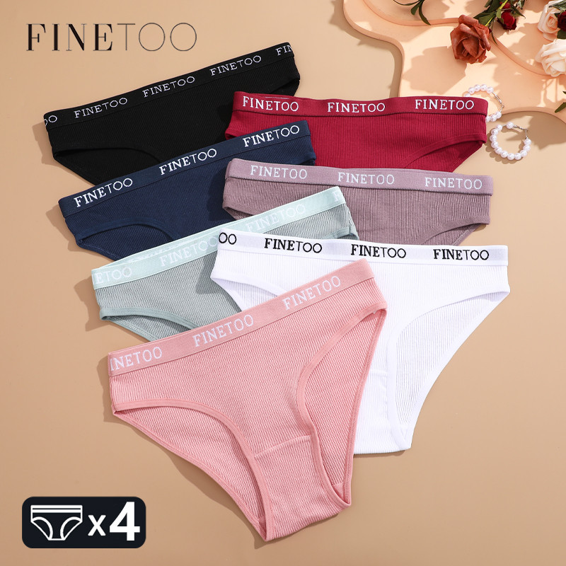 Finetoo 4Pcs Cotton Striped Underwear Women'S Panties Belt Briefs Ladies Low Waist Lingerie Solid