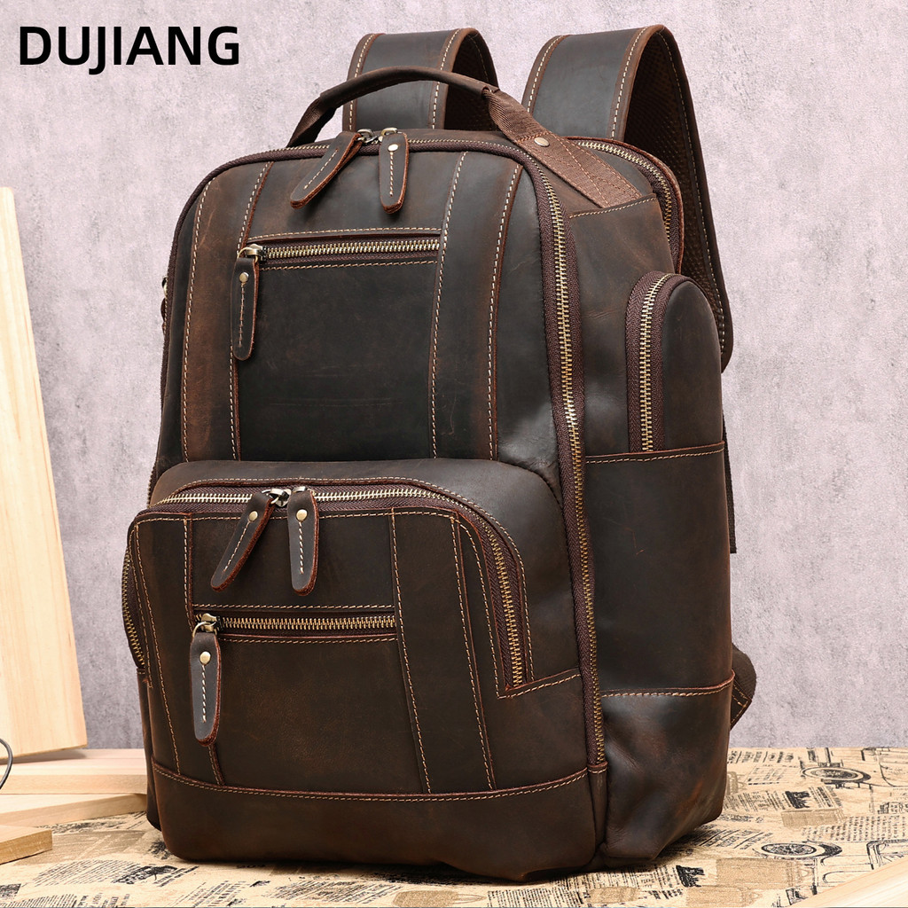 Crazy Horse Leather 15.6-inch Backpack Men's Large Capacity Backpack Retro Leather Backpack Men's
