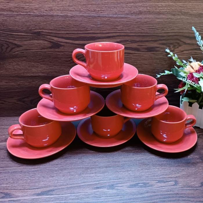 Cangkir keramik polos 6 gelas dan 6 tatakan (Ade)