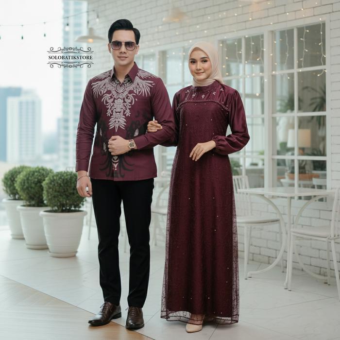 TERLARIS SOLOBATIK - Baju Couple Lebaran 2026 Idul Fitri Gamis Couple Burgundy Terbaru i Dress