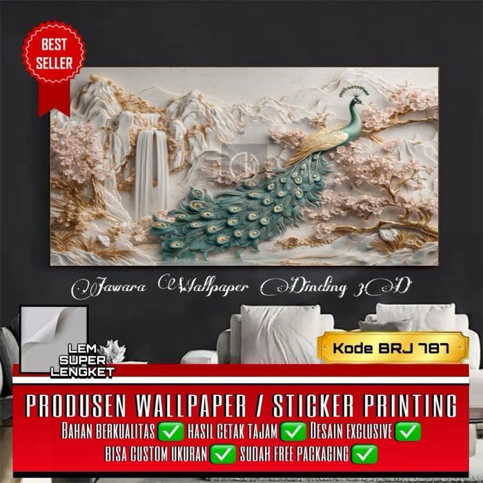 Stiker Dinding 3D Wallpaper Ornament Burung Merak Elegan Mewah Stiker Dekorasi Hiasan Dinding 3D