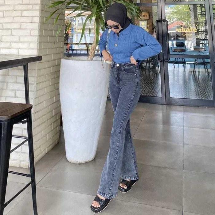 Highwaist Cutbray Stretch Melar Celana Jeans Panjang Wanita Karet Hitam Karet Hitam Terlaris