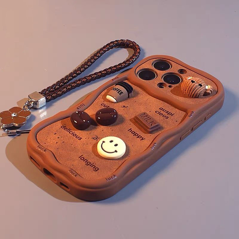 Suitable for Iphone 3D Cute Coffee Brown Wavy Edge Phone Case with Lanyard Soft Silicone Cover
