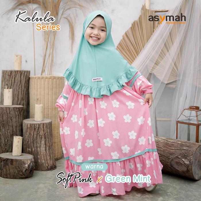 ASYMAH BAJU GAMIS ANAK MUSLIM SET JILBAB KALULA SERIES WARNA PINK & MINT MOTIF BUNGA NYAMAN BAHAN