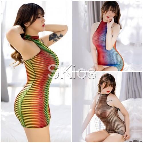 Sexy Lingerie Transparan Color Striped Dress Ketat Baju Tidur Wanita
