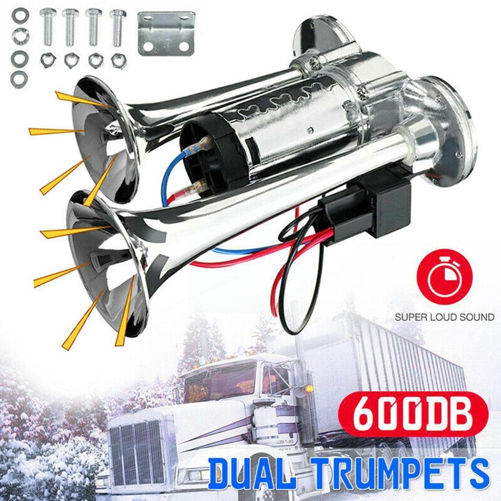 Dual Trumpets Super Loud 600DB 12V Car Dual Horn Electric Air Compressor Horn Speaker Signal Alarm F