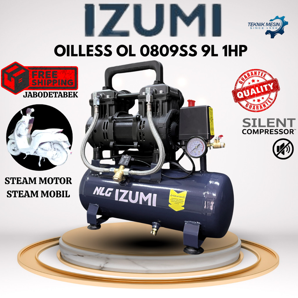 COMPRESSOR IZUMI NLG OILLESS 1HP 9L OL 0809SS/ KOMPRESOR 220V/ KOMPRESOR 1 PHASE/ KOMPRESOR STEAM MO